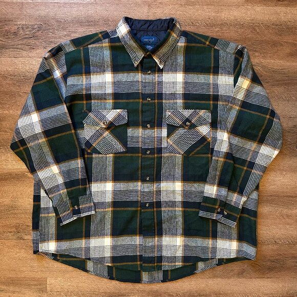 Town Craft Vintage Casual Button Down Mens XXL Green Plaid Rugged Flannel Shirt - Picture 1 of 5